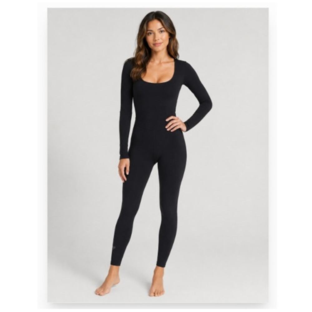 TnAction Jumpsuit Womens Small Black Long Sleeve Square Neck Activewear Bodysuit